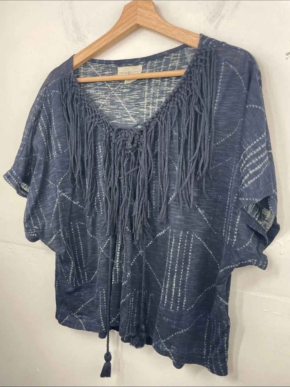 Ralph Lauren Blue Fringe Tie-Front Crop Top Short Sleeve size Large